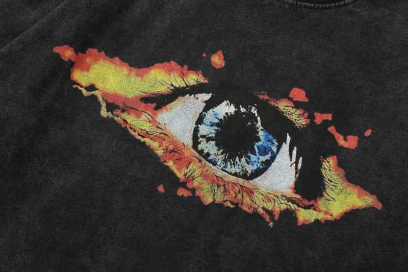 Flame Eye Graphic Print Black Washed T-Shirt