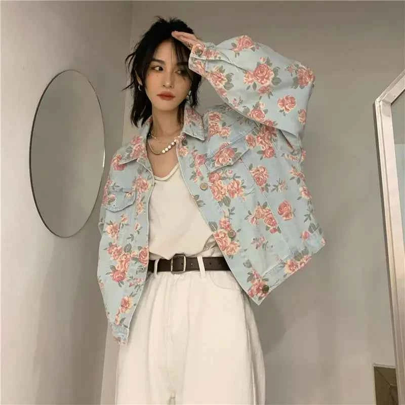 Women Versatile Sweet Floral Denim Jacket