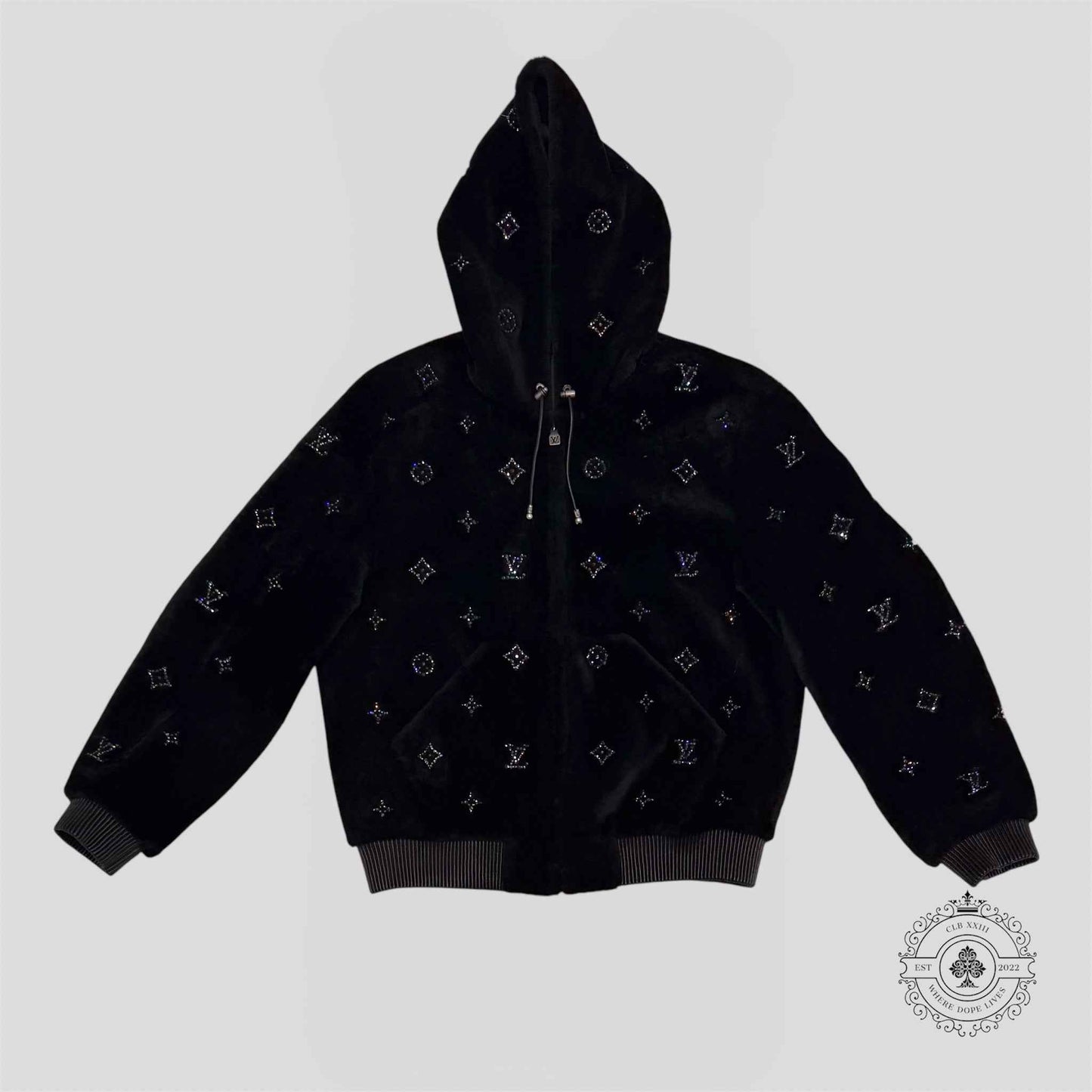 Louis Vuitton Monogram Embellished Shearling Hoodie in Black