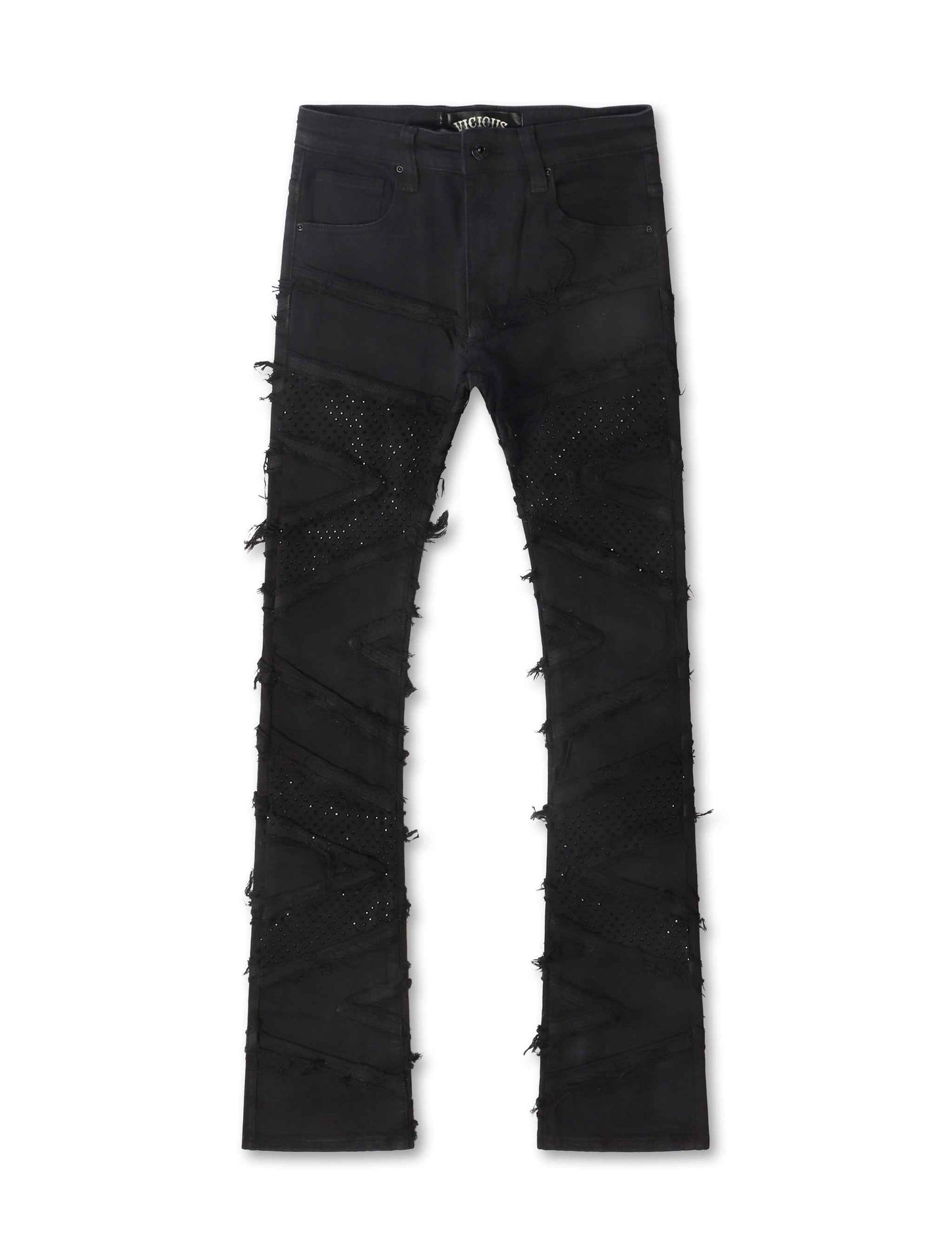 Vicious Denim Ripped Rhinestone Stacked Jeans - Black