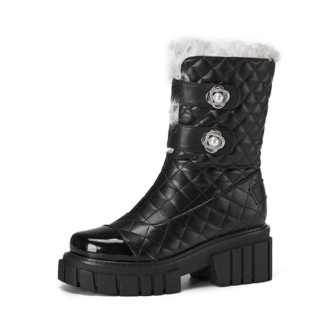 Kristen Women's Black High Heel Snow Boots with Pearl Mid-Calf Decoration - Luxuryurbanwear