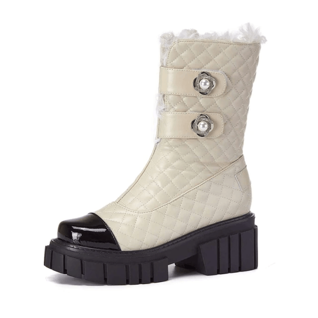 Kristen Women's Black High Heel Snow Boots with Pearl Mid-Calf Decoration