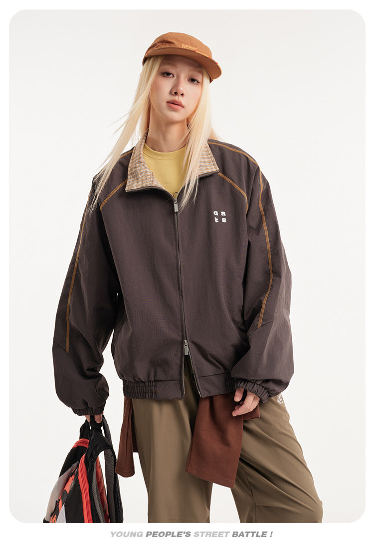 Retro Varsity Plaid Stand Collar Jacket