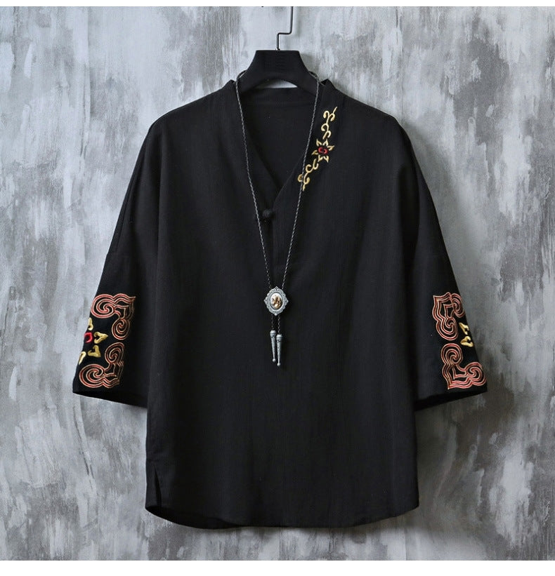 Chinese Embroidered V-Neck Hanfu Tee