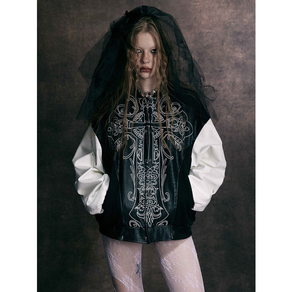 Cross Embroidery Leather Varsity Jacket