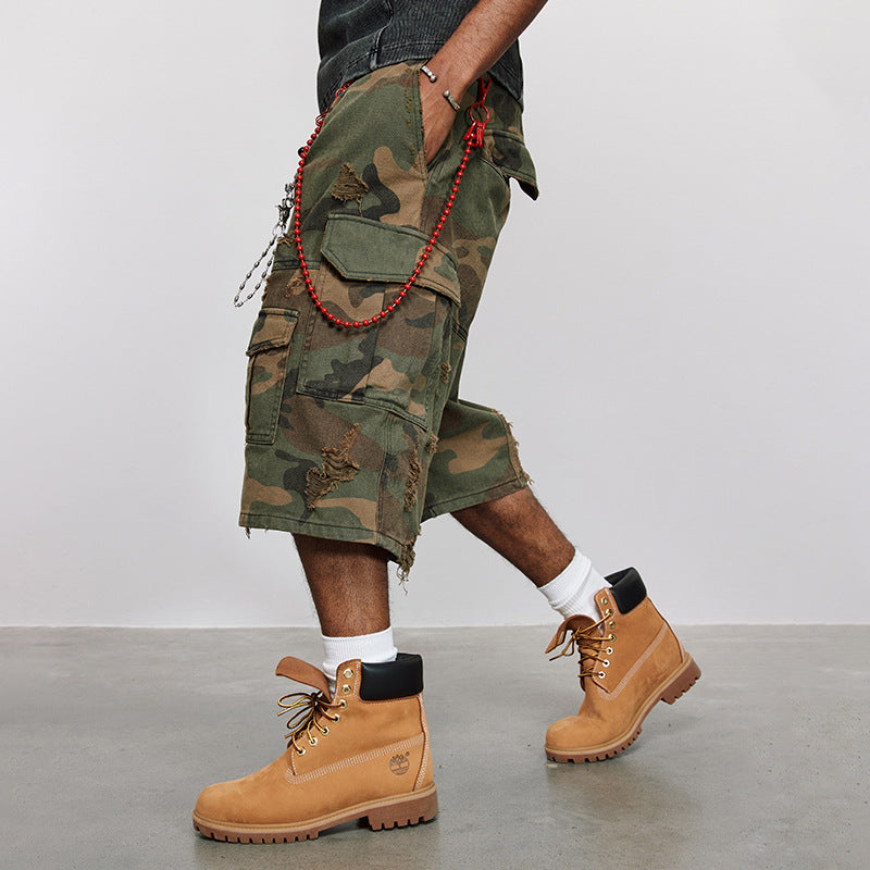 Distressed Cargo Baggy Camo Shorts