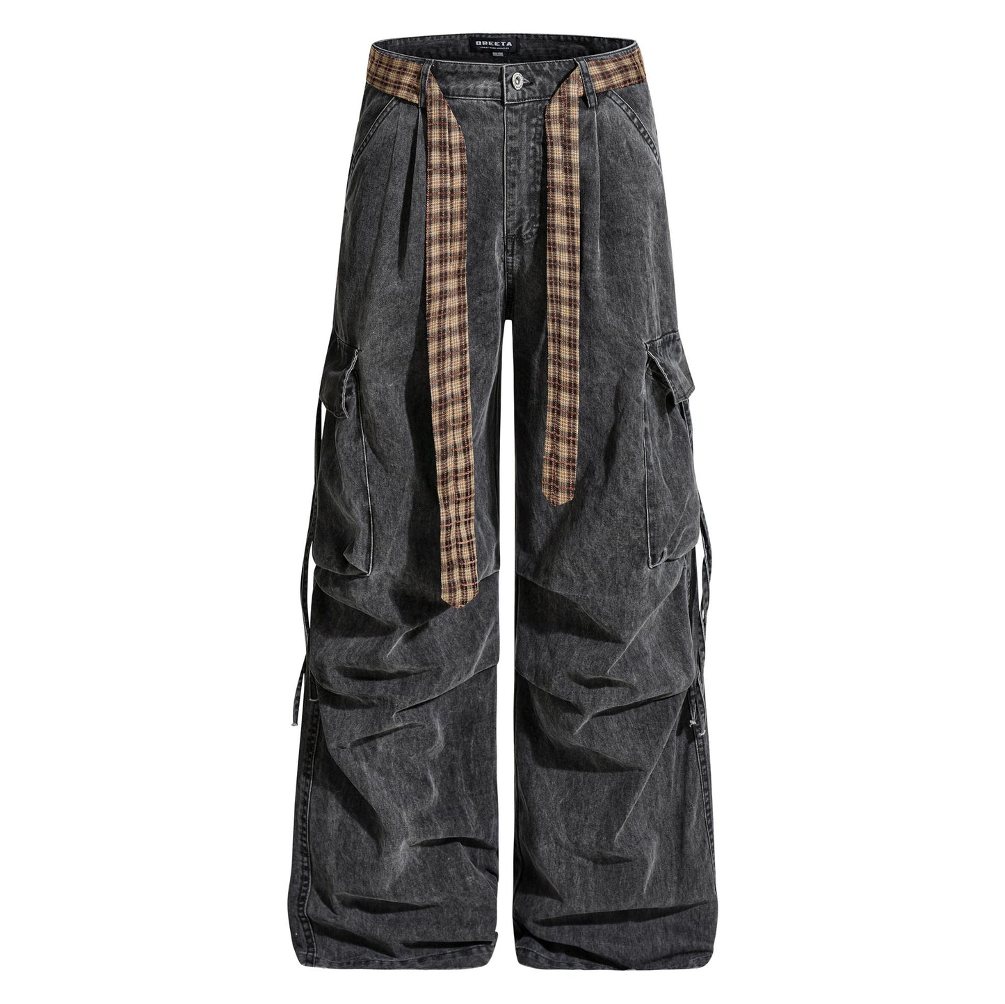 Vintage Washed Cargo Pants with Plaid Belt