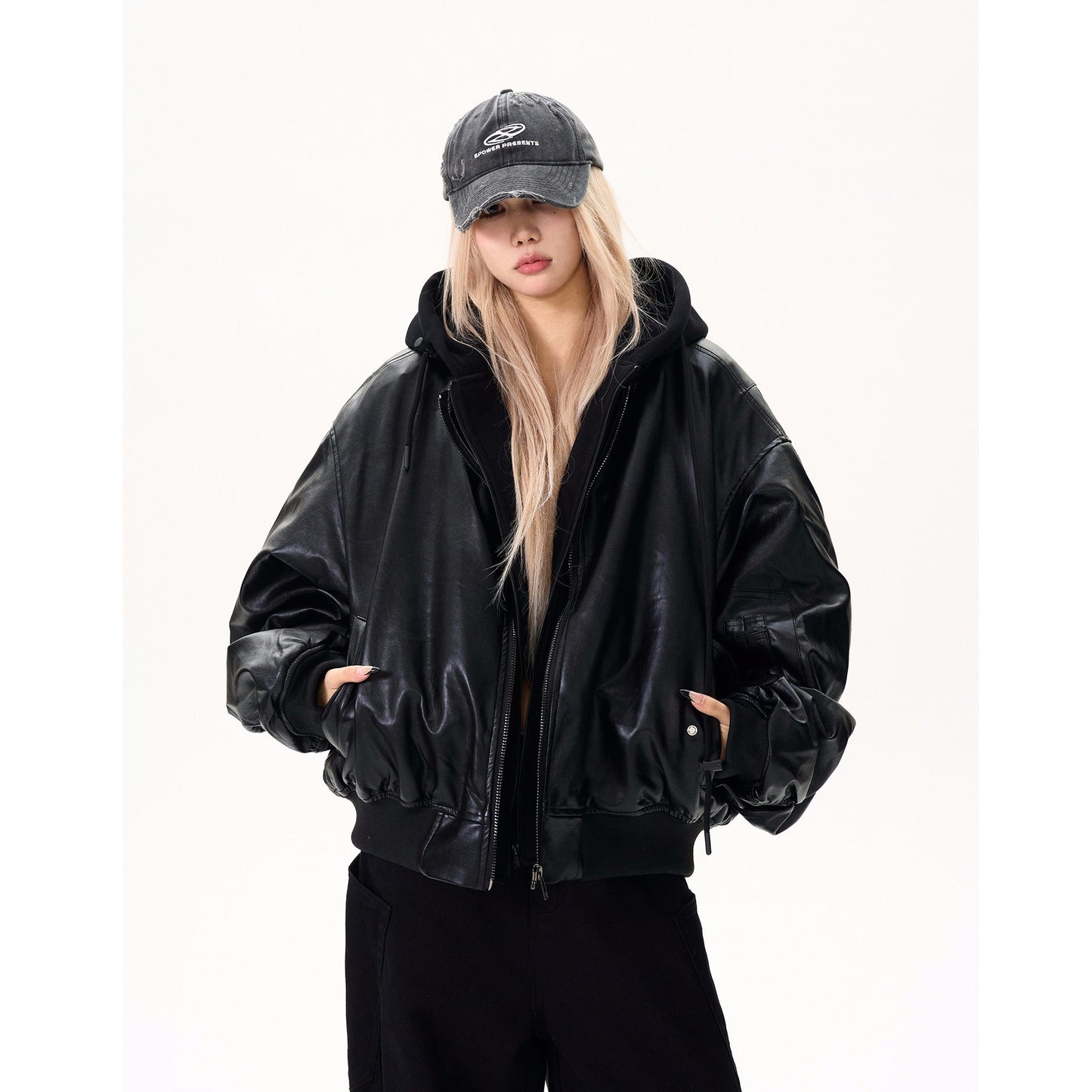 Thick Leather Hooded Jacket