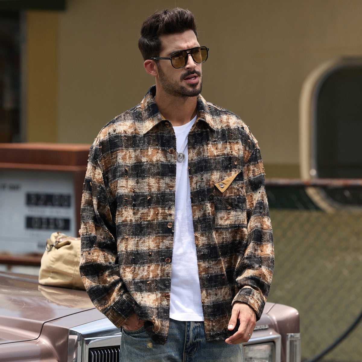Mens Vintage Washed Plaid Workwear Shirt