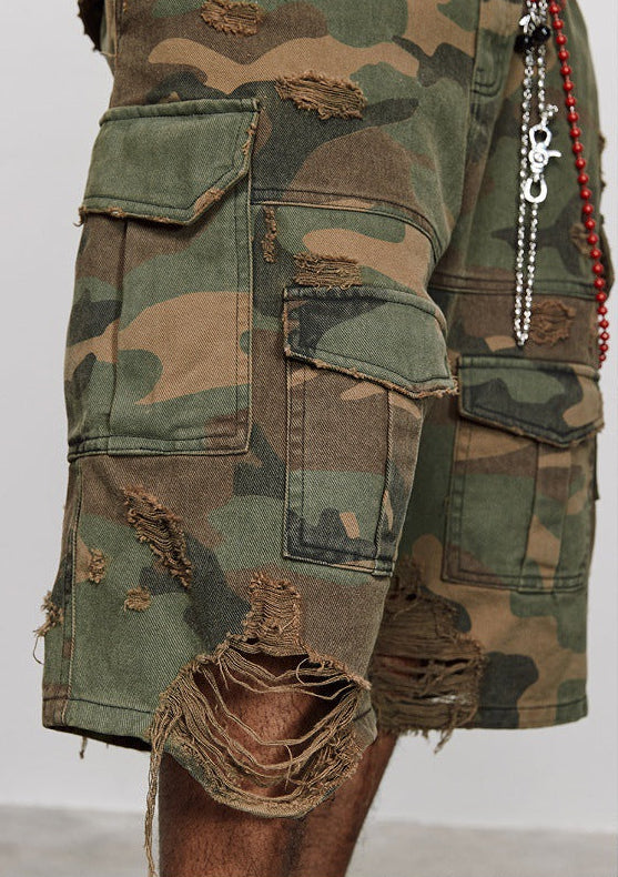 Distressed Cargo Baggy Camo Shorts