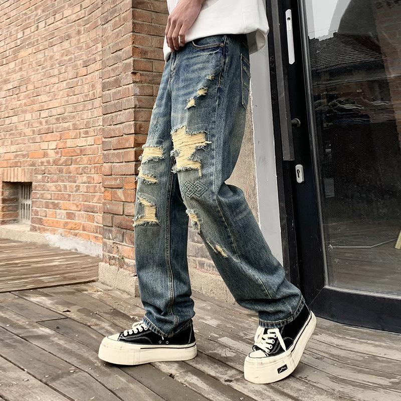 Embroidered Washed Ripped Jeans