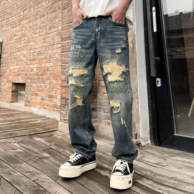 Embroidered Washed Ripped Jeans