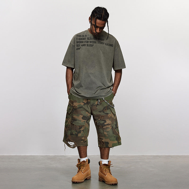 Distressed Cargo Baggy Camo Shorts