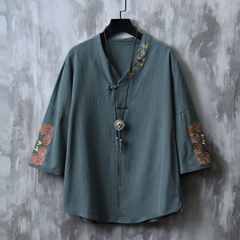 Chinese Embroidered V-Neck Hanfu Tee