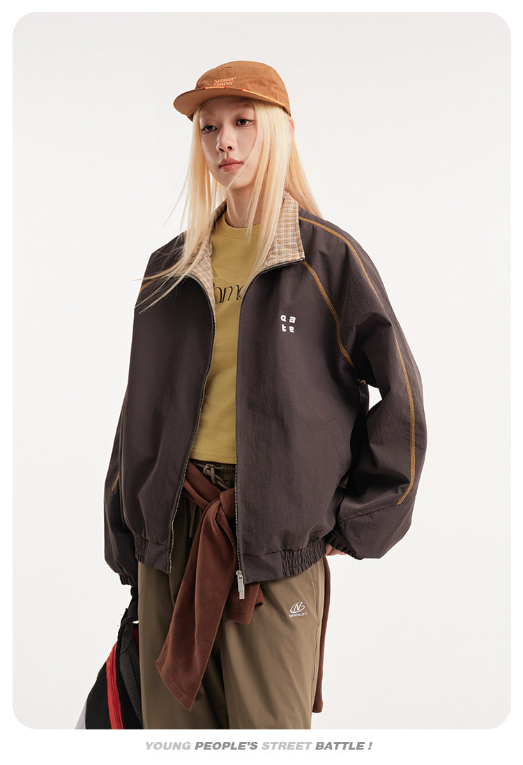 Retro Varsity Plaid Stand Collar Jacket