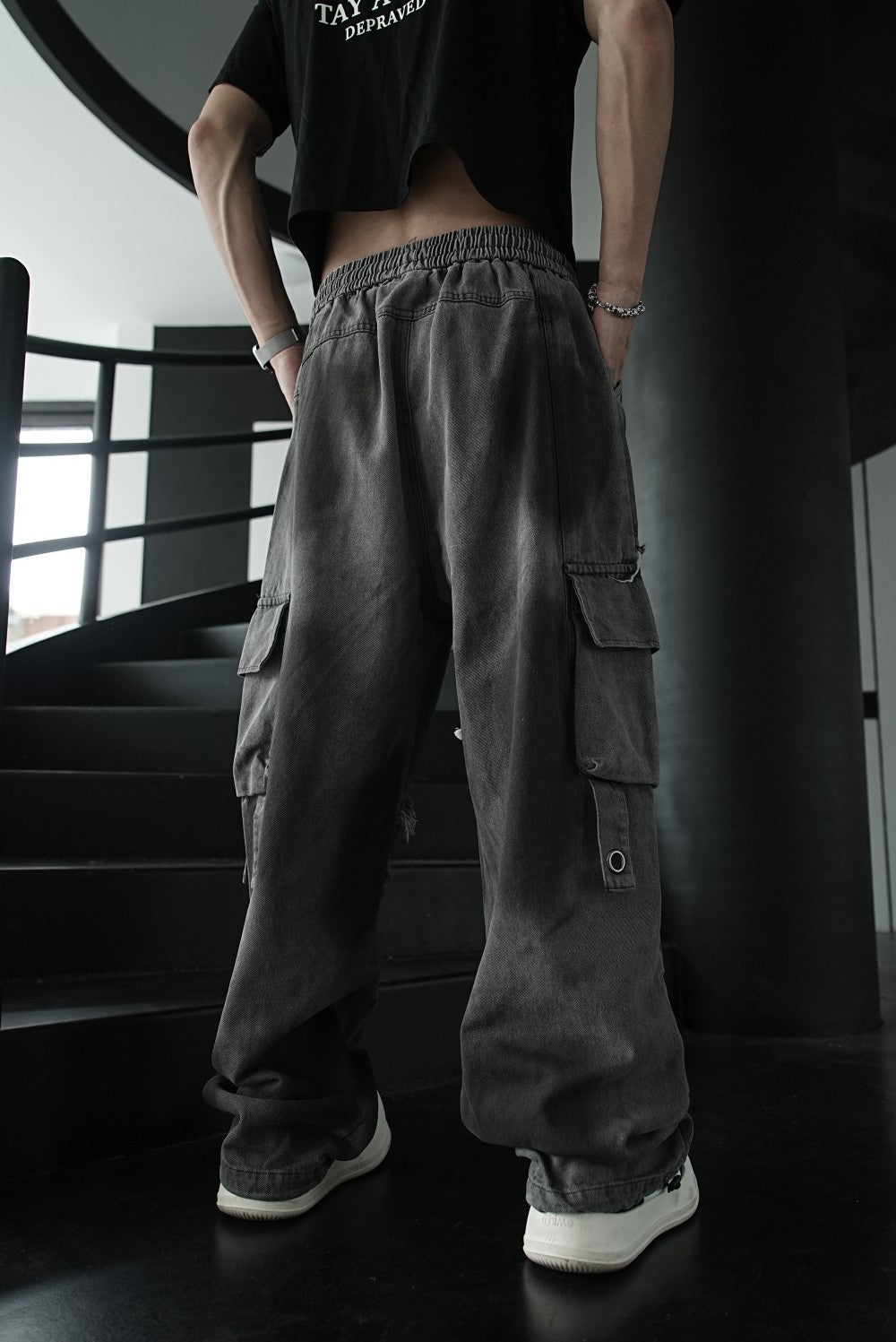 Distressed Raw Edge Straight-Leg Cargo Pants