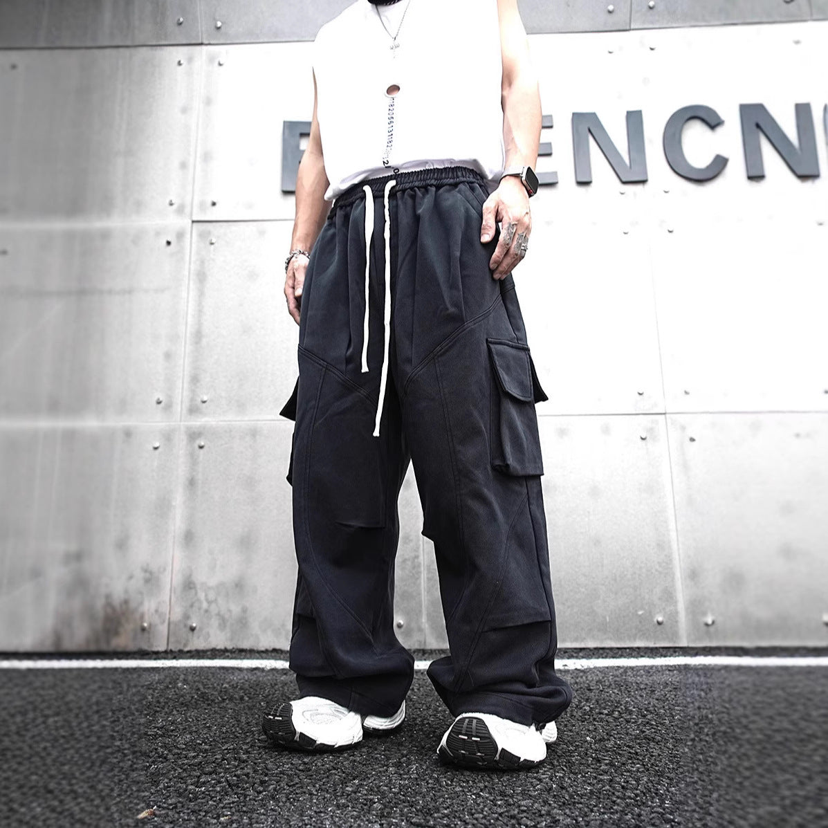 Baggy Cotton Black Cargo Pants