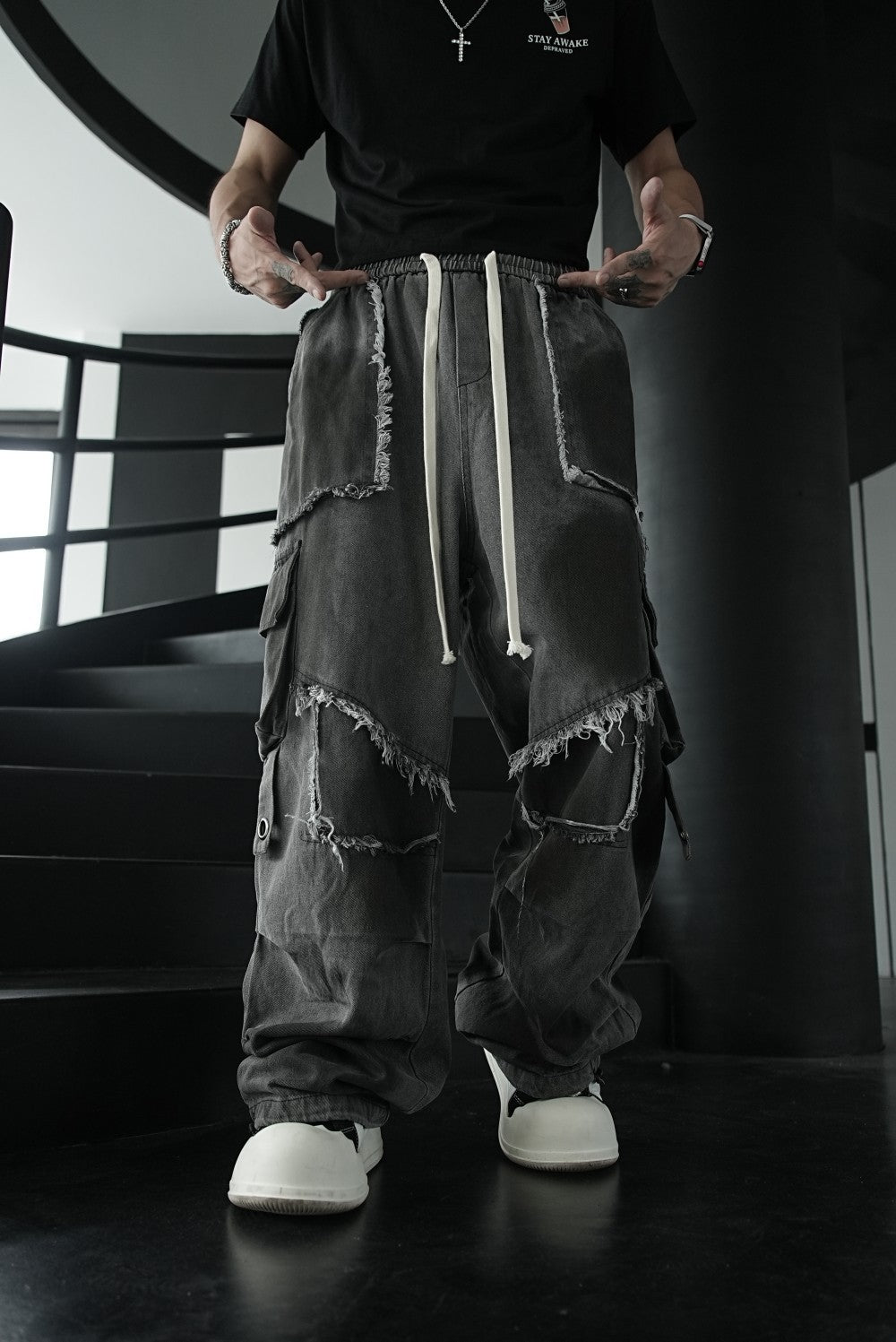 Distressed Raw Edge Straight-Leg Cargo Pants