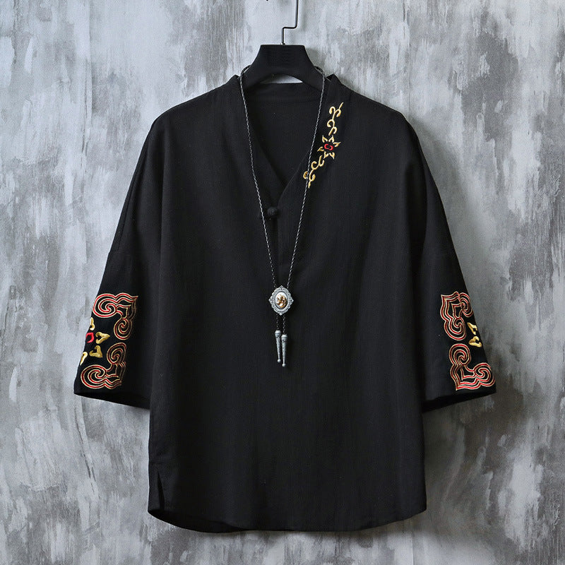 Chinese Embroidered V-Neck Hanfu Tee