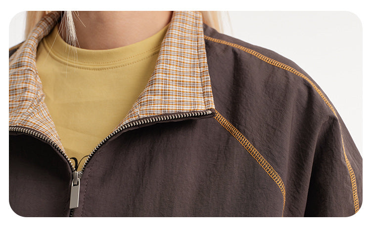 Retro Varsity Plaid Stand Collar Jacket