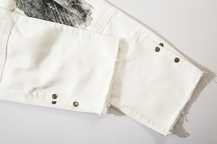 Herringbone Graffiti Print White Straight Jeans