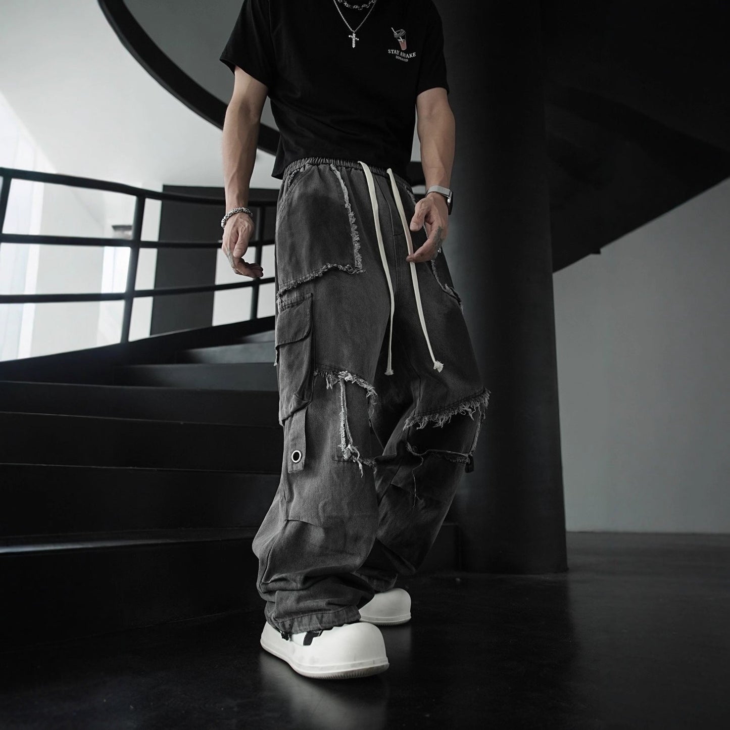 Distressed Raw Edge Straight-Leg Cargo Pants