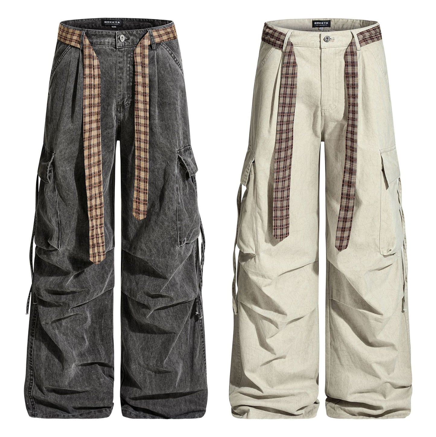Vintage Washed Cargo Pants with Plaid Belt