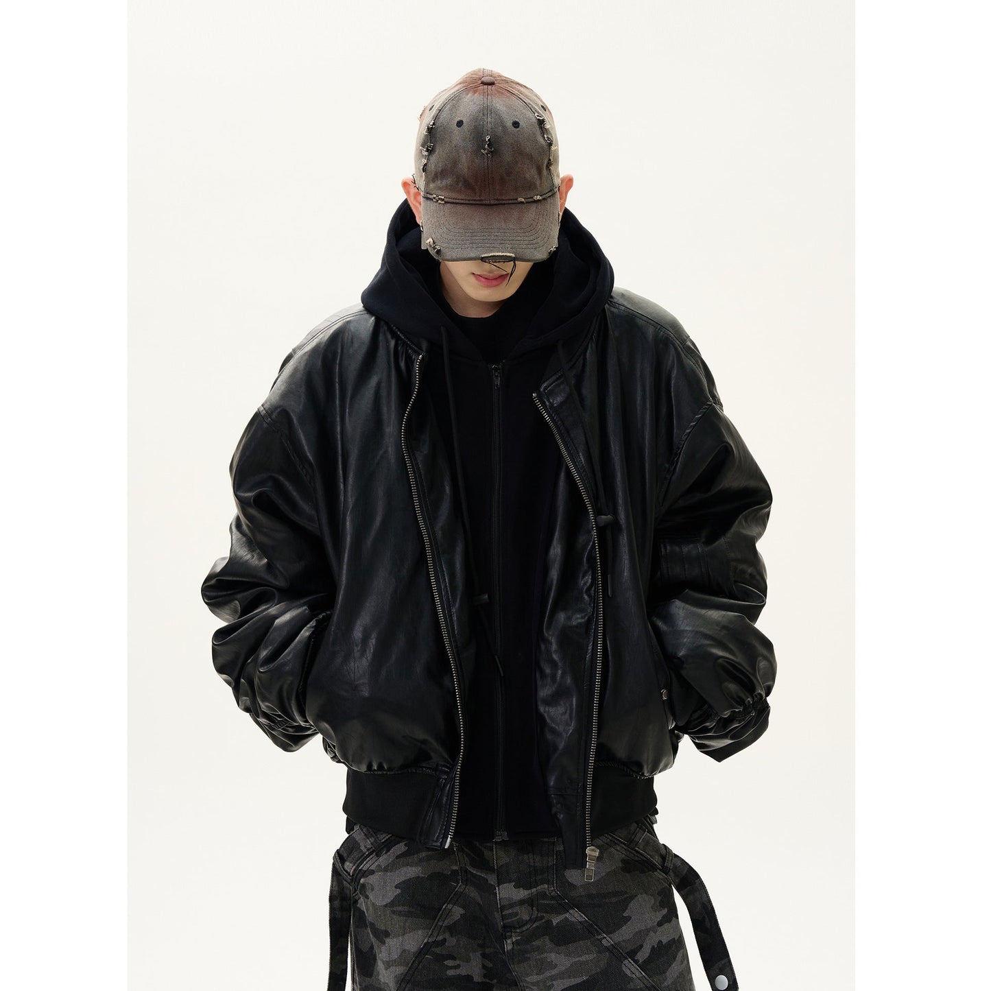 Thick Leather Hooded Jacket