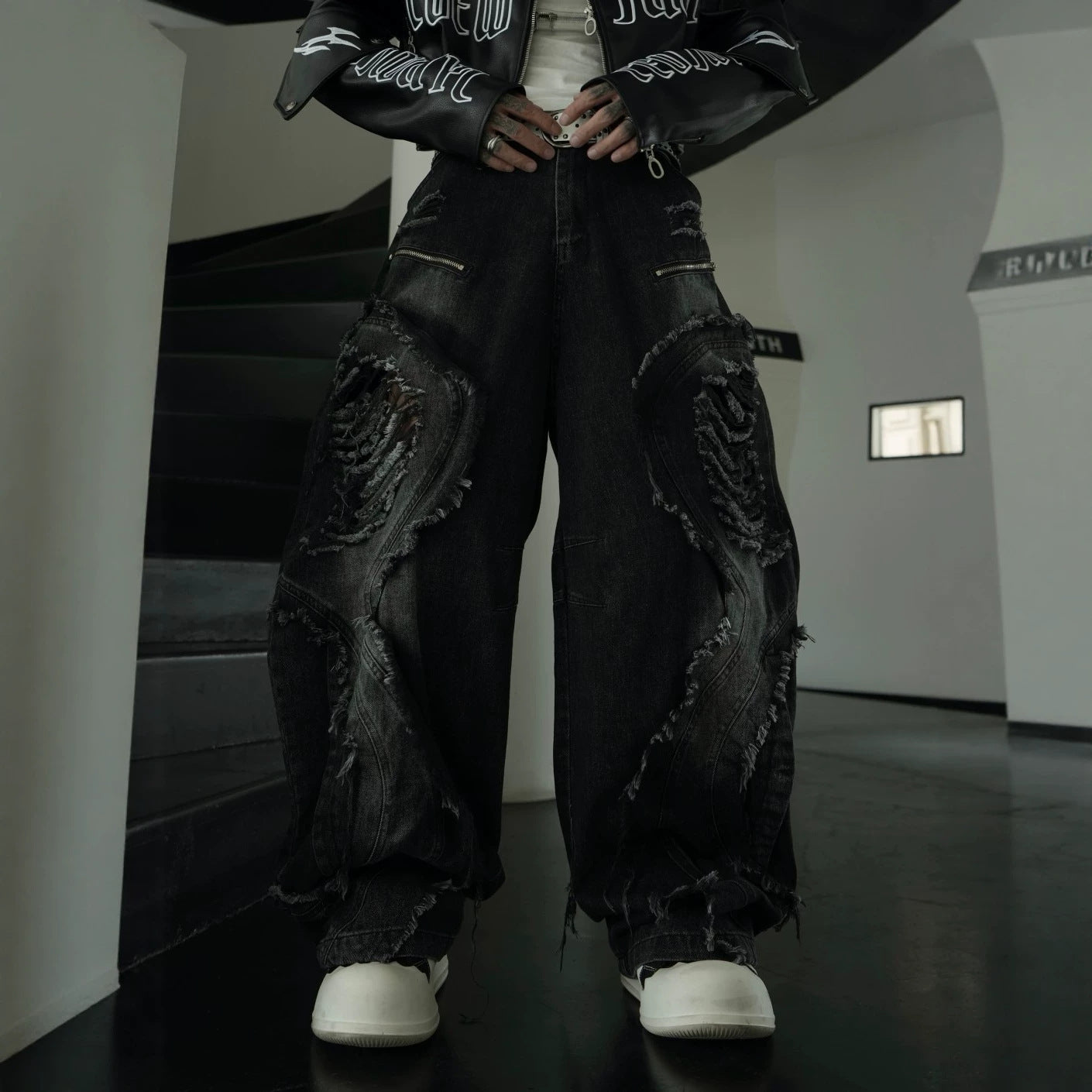 Distressed Biker Wide Leg Jeans