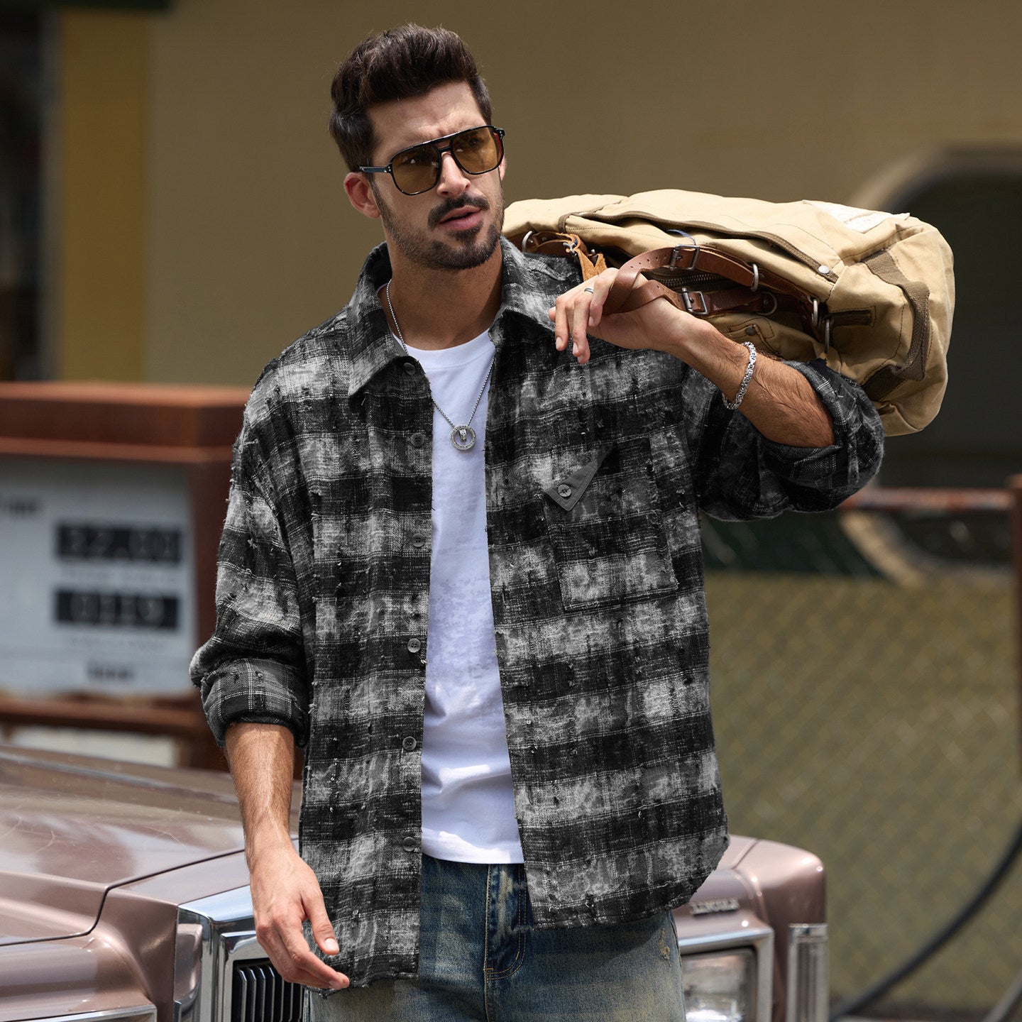 Mens Vintage Washed Plaid Workwear Shirt