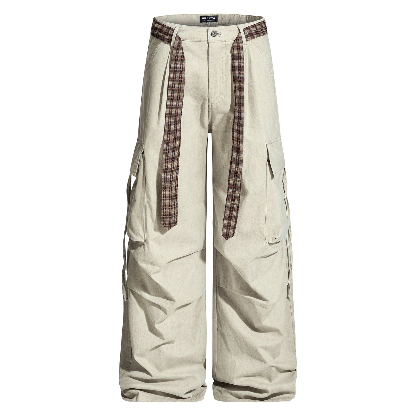 Vintage Washed Cargo Pants with Plaid Belt