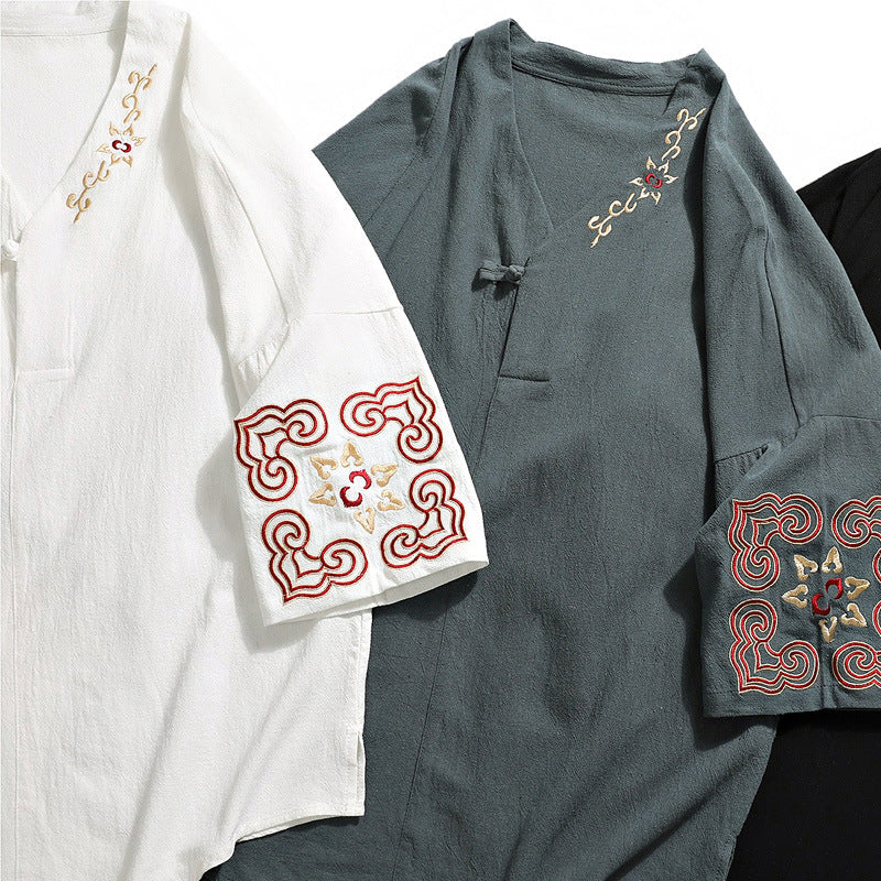 Chinese Embroidered V-Neck Hanfu Tee