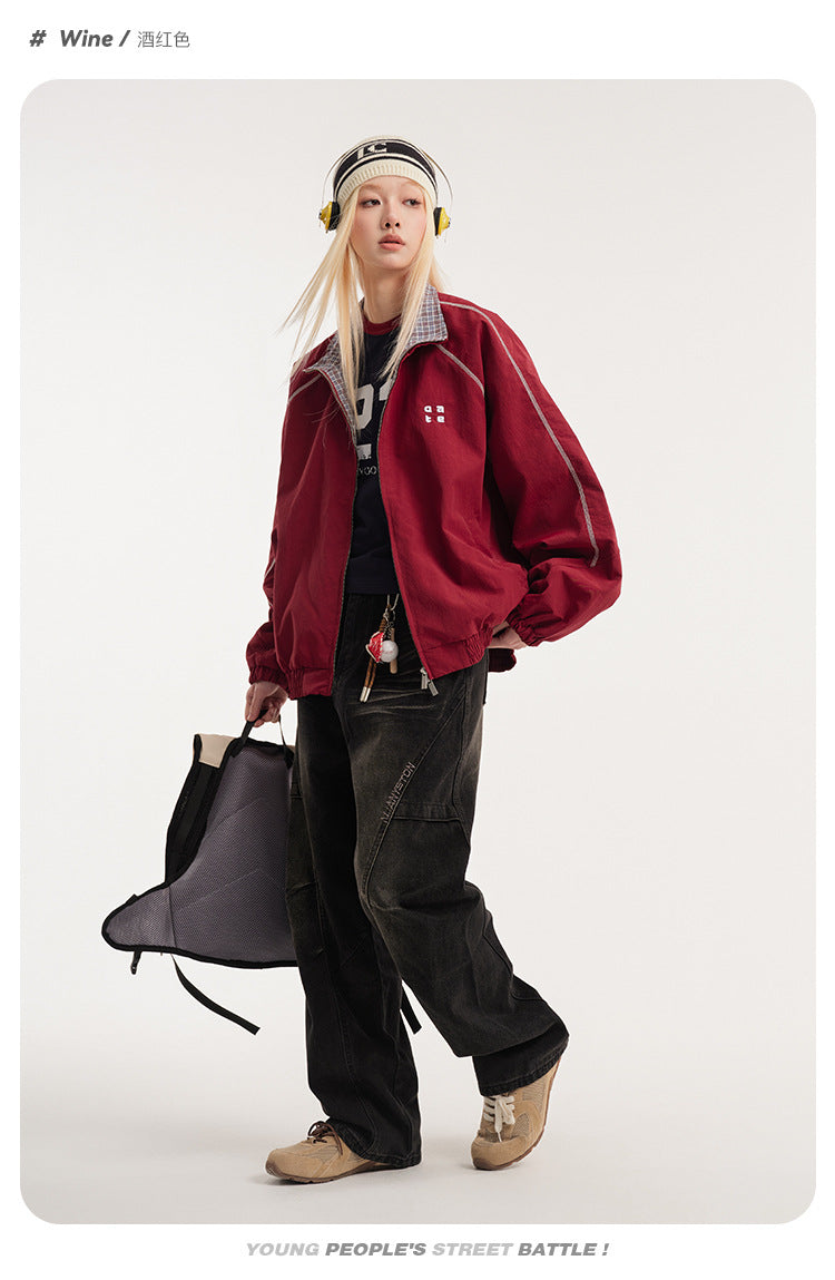 Retro Varsity Plaid Stand Collar Jacket