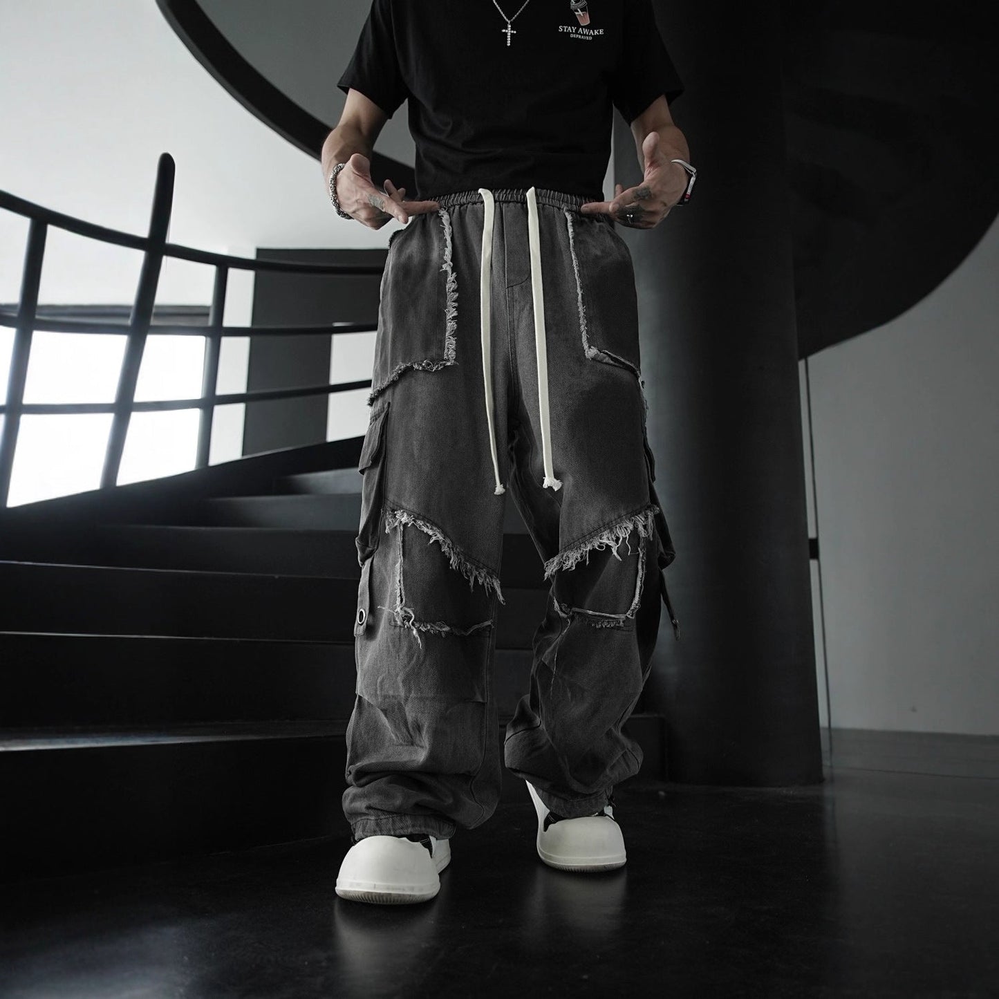 Distressed Raw Edge Straight-Leg Cargo Pants