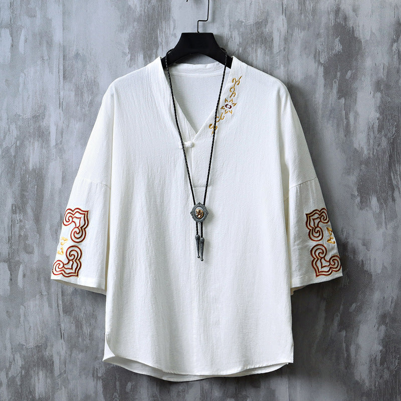 Chinese Embroidered V-Neck Hanfu Tee