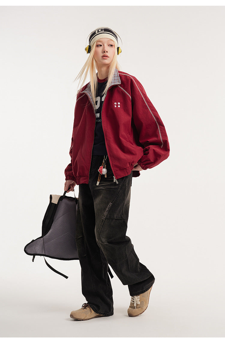 Retro Varsity Plaid Stand Collar Jacket