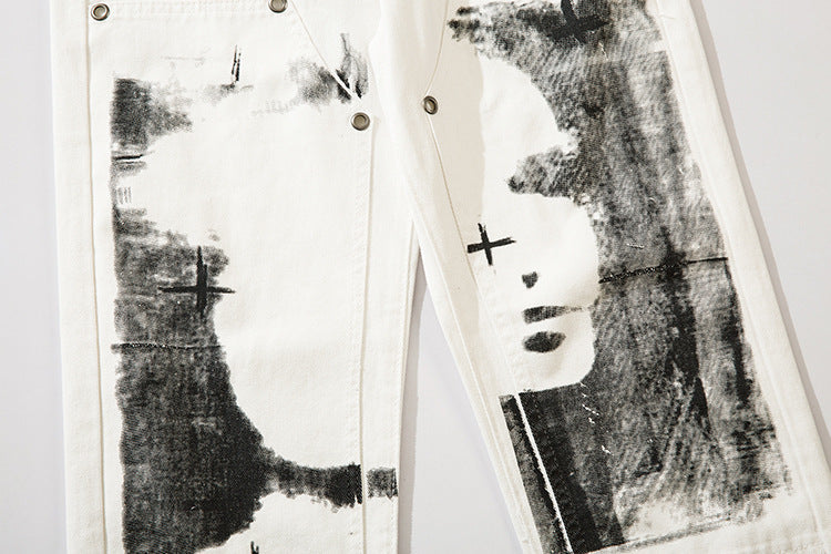 Herringbone Graffiti Print White Straight Jeans