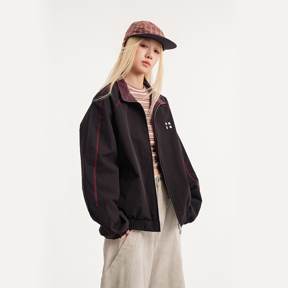 Retro Varsity Plaid Stand Collar Jacket