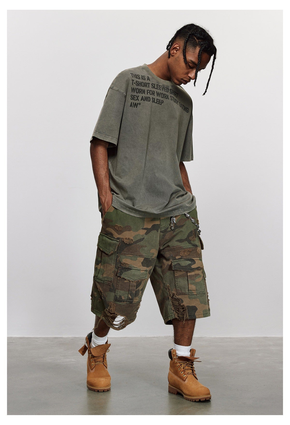 Distressed Cargo Baggy Camo Shorts