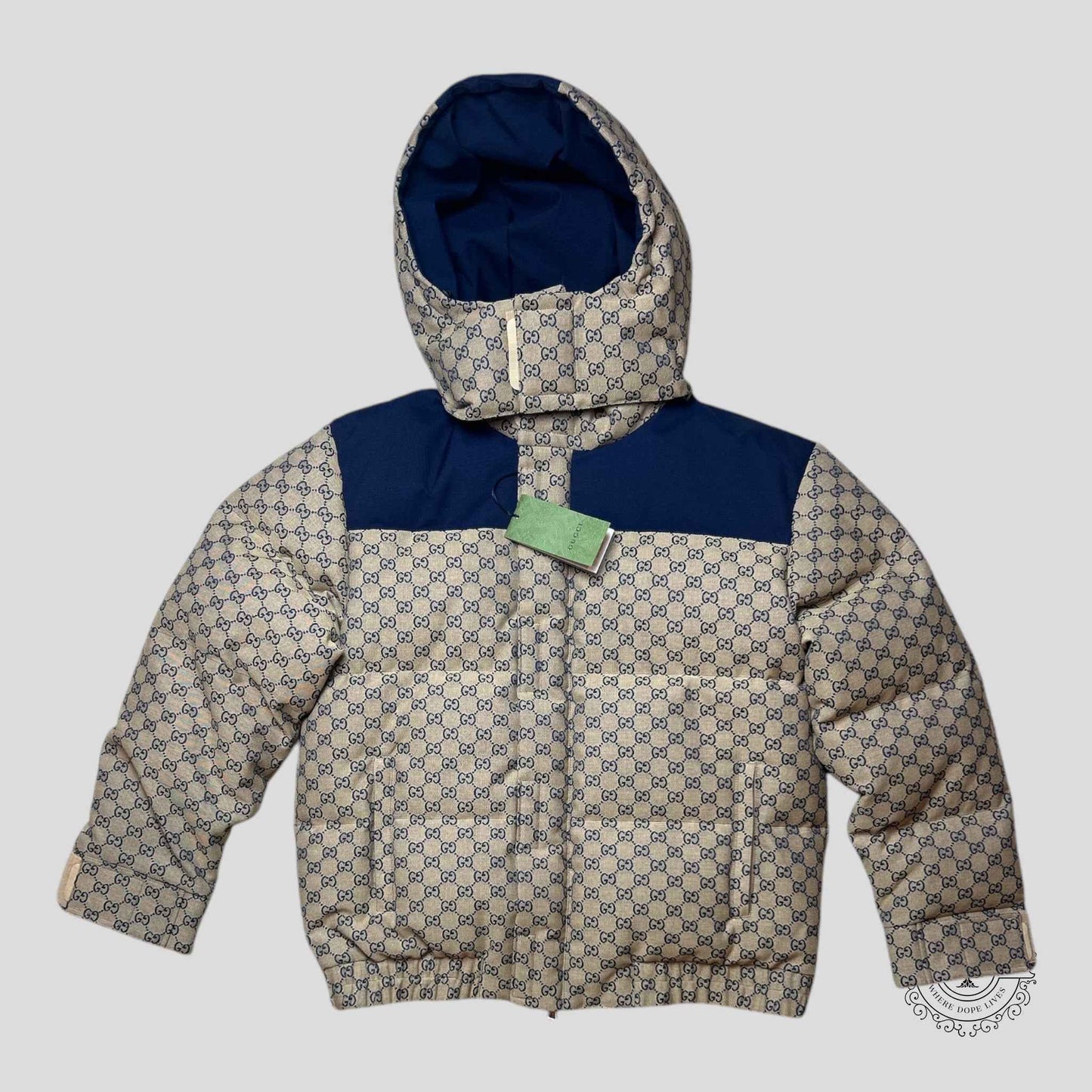 Gucci Jacquard Puffer Jacket in Brown/Blue