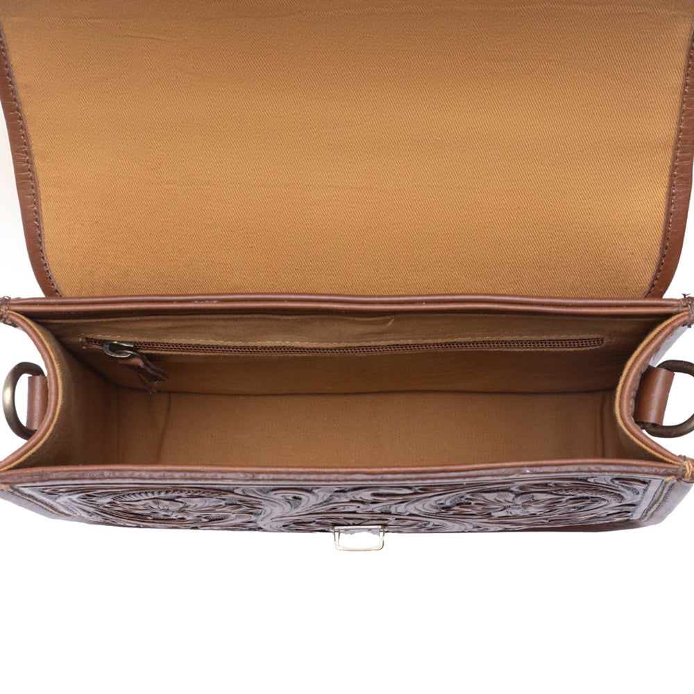 Myra Duchess Hairon Handtooled Flap and Button Leather Satchel in Mocha Cream