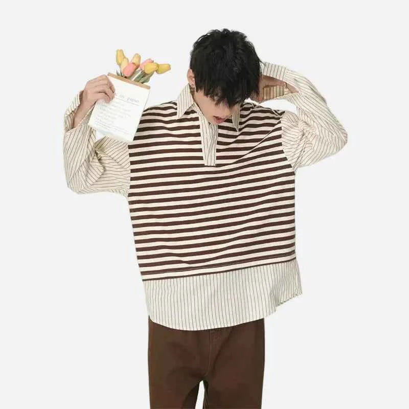 Classic Striped Fake Two Piece College Style Shirt