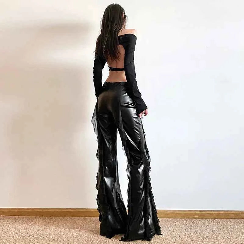 Faux Patchwork Mesh High Leather Pants