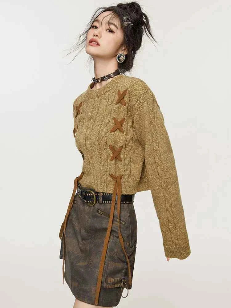 Women Vintage Hip Hop Retro Knitted Lace-Up Sweater
