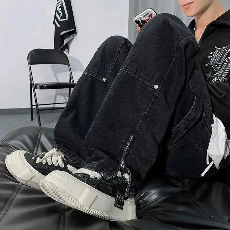 Cool Vintage Hip Hop Rivet Split Straight Pants