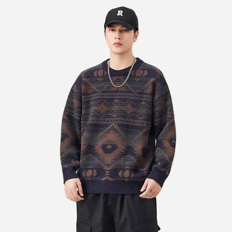 Geometric Pattern Crew Neck Knitted Sweater