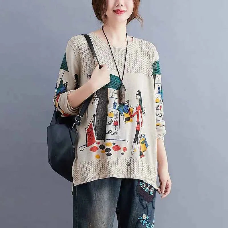 Literary Retro Comfort Anime Printing Sweater