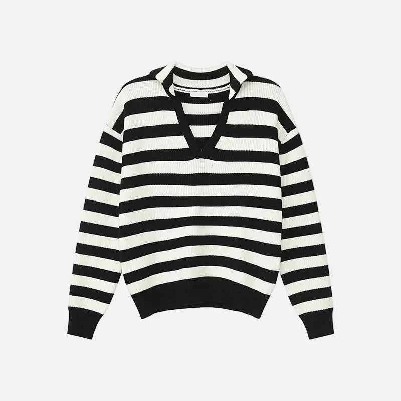 Contrast Color Loose Fit V-Neck Knitted Sweater