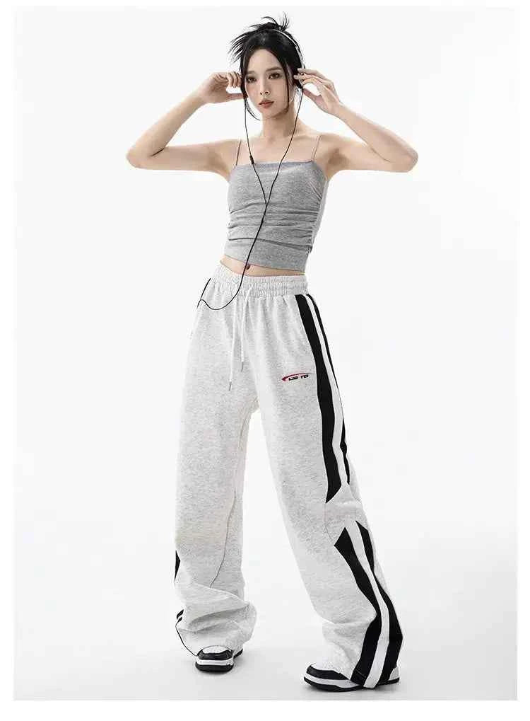 Streetwear High Waist Grey Stripe Sweatpants