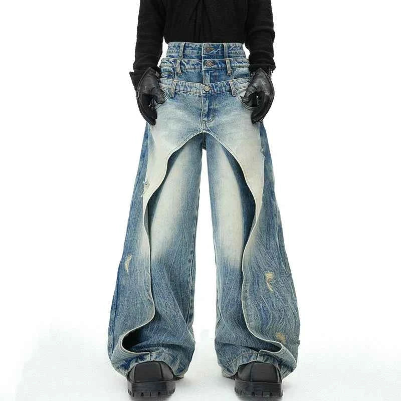 Men Layered Patchwork Wide Leg Jeans